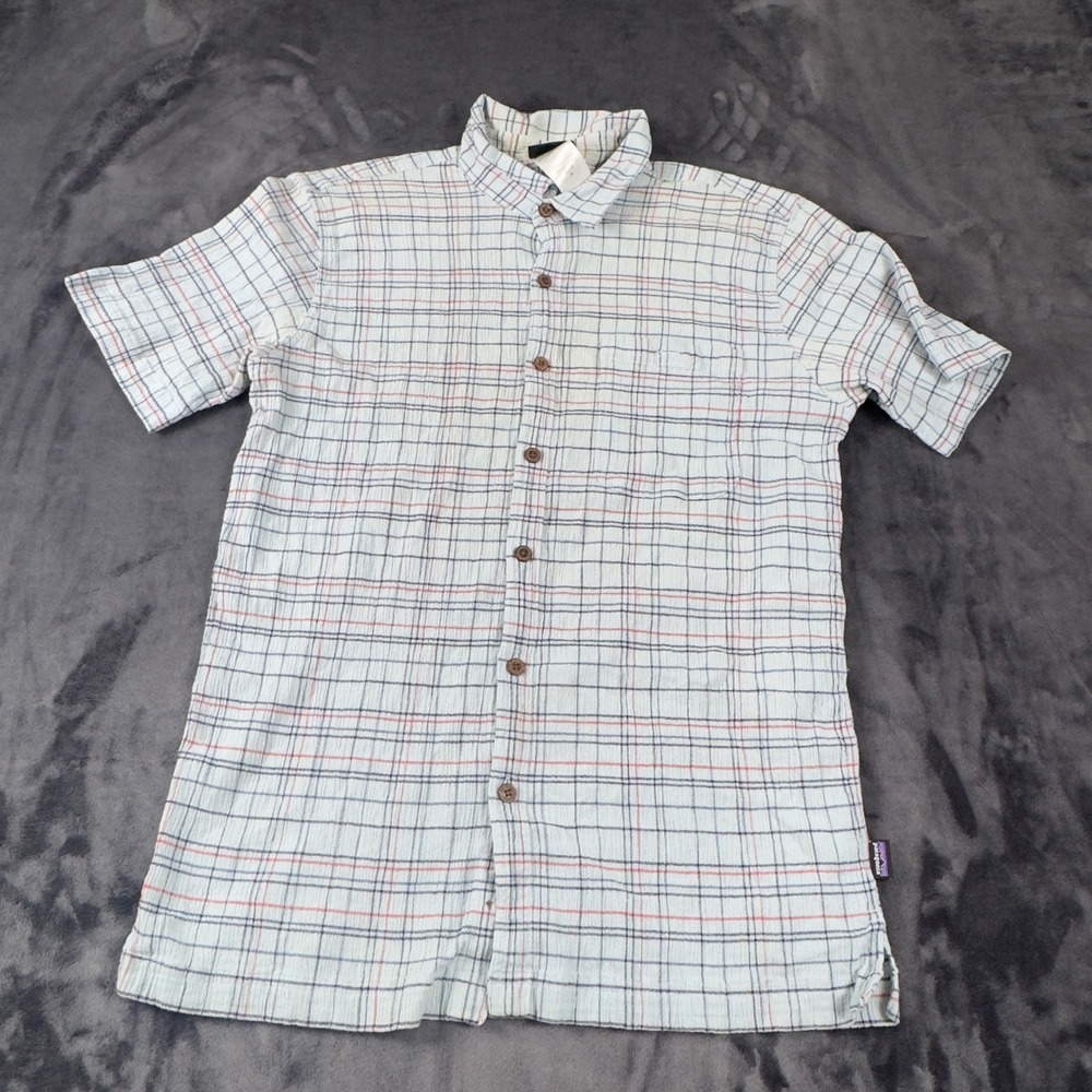 Patagonia Button Down Shirt Mens M Blue Plaid Organic Cotton Seersucker S/S